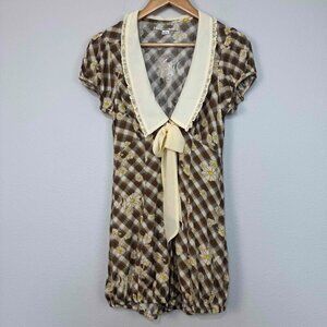 Kimchi Blue Women's Giovanna Collared Romper Gingham Sailor Collar Brown Size S